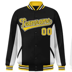 Black White-Gold Color Block Varsity Full-Snap Letterman Baseball Jacket 3