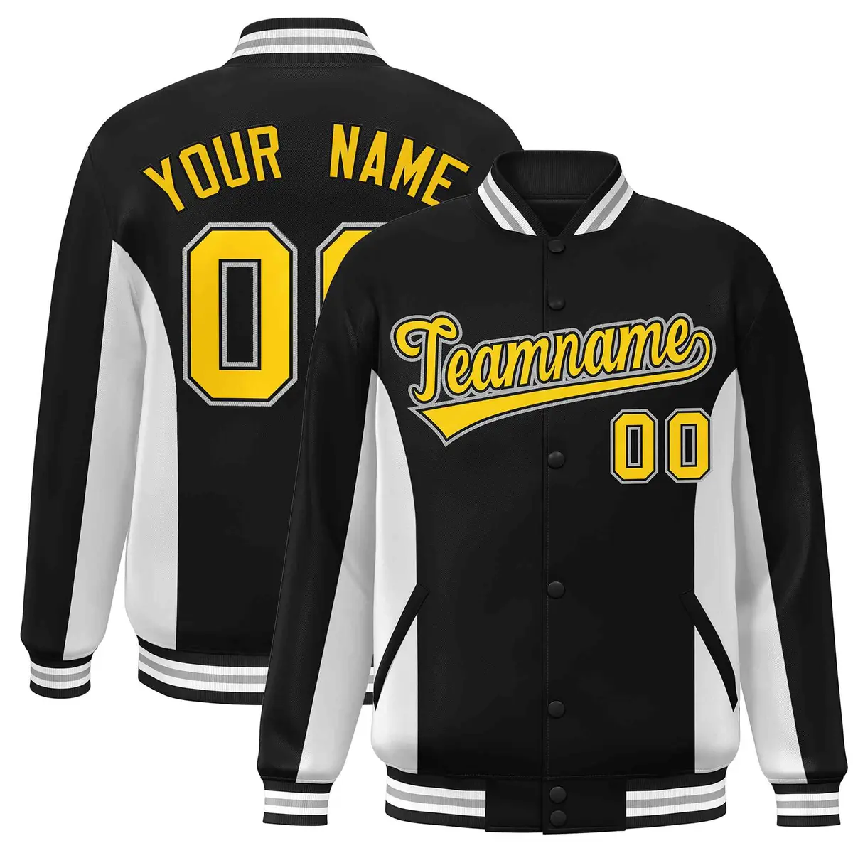 Black White-Gold Color Block Varsity Full-Snap Letterman Baseball Jacket