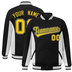 Black White-Gold Color Block Varsity Full-Snap Letterman Baseball Jacket 1