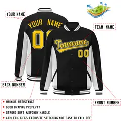 Black White-Gold Color Block Varsity Full-Snap Letterman Baseball Jacket 2
