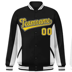 Black White-Gold Color Block Varsity Full-Snap Letterman Baseball Jacket 3