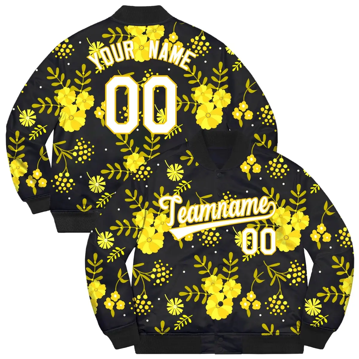 Black White-Gold Flowers Graffiti Bomber Varsity Jacket