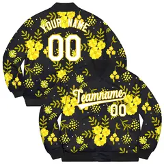 Black White-Gold Flowers Graffiti Bomber Varsity Jacket