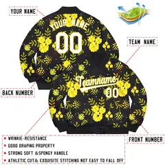 Black White-Gold Flowers Graffiti Bomber Varsity Jacket 2