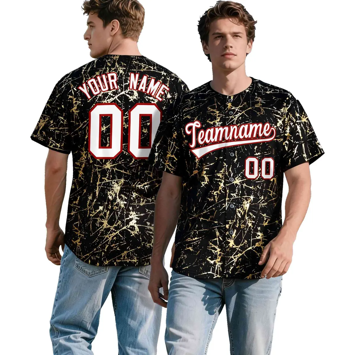 Black White Gold Marble Print Baseball Jersey