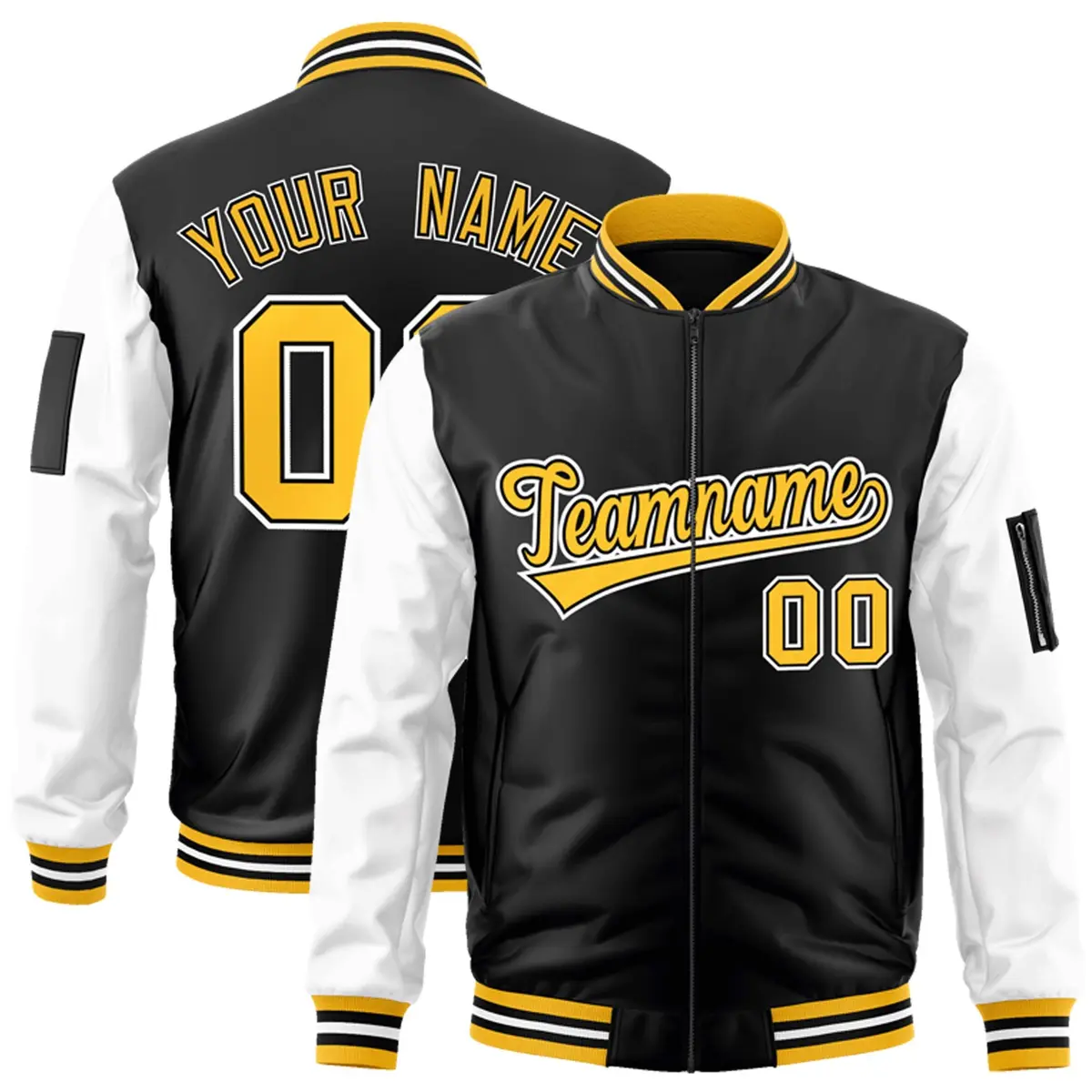 Black White-Gold Raglan Sleeves Full-Zip Letterman Bomber Jacket