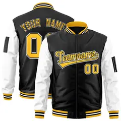 Black White-Gold Raglan Sleeves Full-Zip Letterman Bomber Jacket