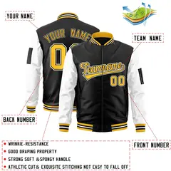Black White-Gold Raglan Sleeves Full-Zip Letterman Bomber Jacket 2