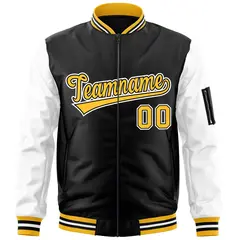 Black White-Gold Raglan Sleeves Full-Zip Letterman Bomber Jacket 3