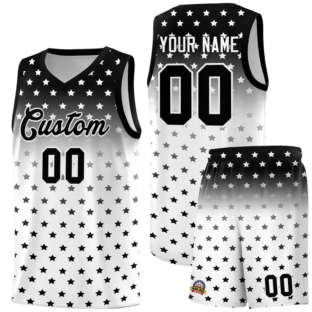 Black White Gradient Star Pattern Basketball Jersey Sets