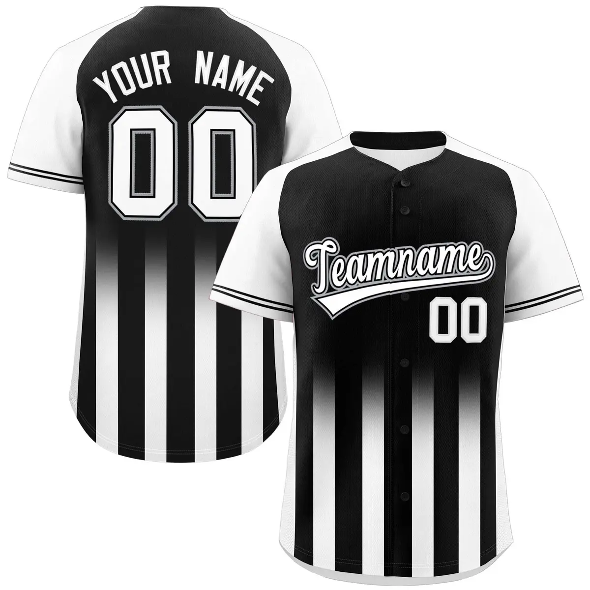 Black White Gradient Thick Stripe Raglan Baseball Jersey