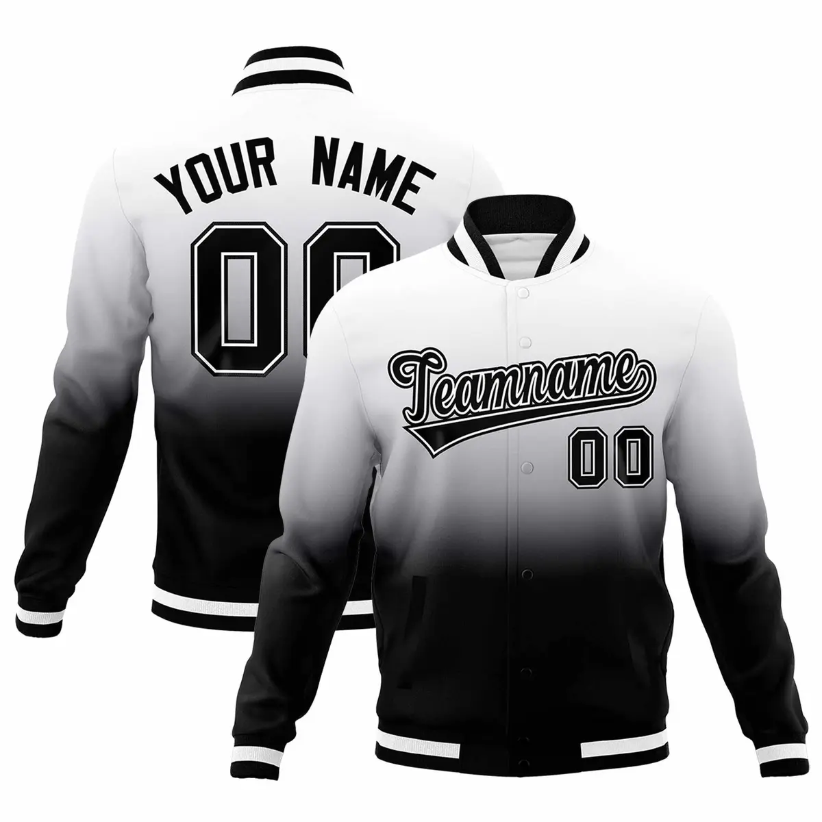 Black White Gradient Varsity Full-Snap Letterman Jacket