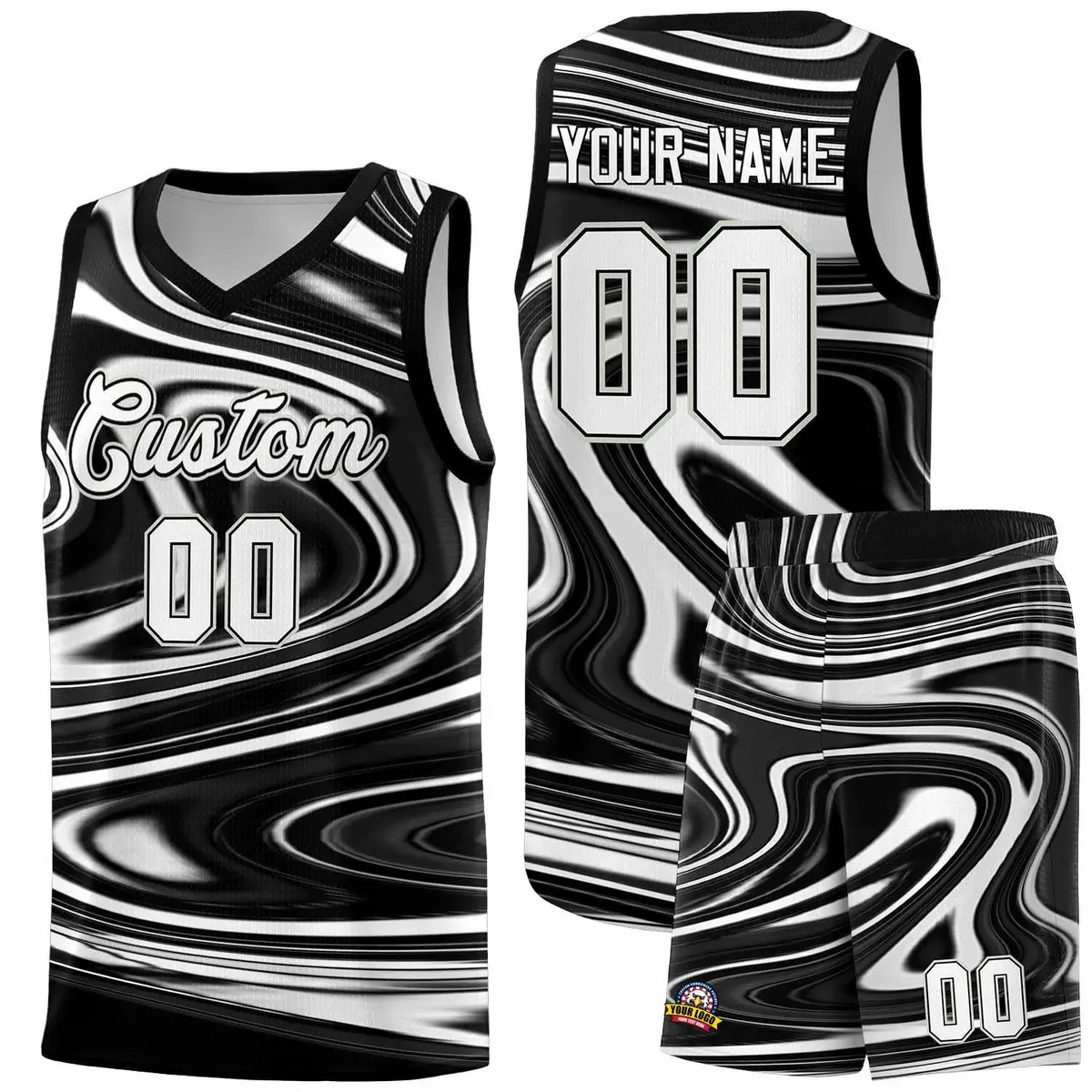 Black White Graffiti Fluids Style Basketball Jersey Sets