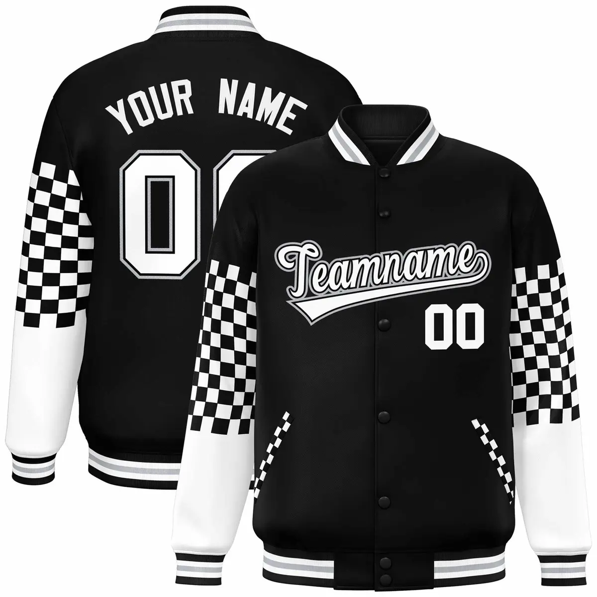 Black White-Gray Checkered Color Block Bomber Varsity Jacket