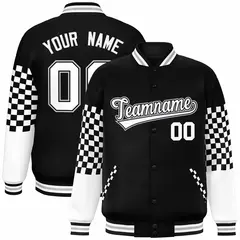Black White-Gray Checkered Color Block Bomber Varsity Jacket