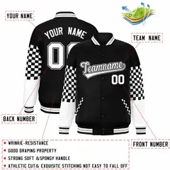 Black White-Gray Checkered Color Block Bomber Varsity Jacket 2