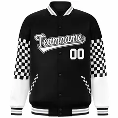 Black White-Gray Checkered Color Block Bomber Varsity Jacket 3