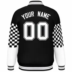 Black White-Gray Checkered Color Block Bomber Varsity Jacket 4