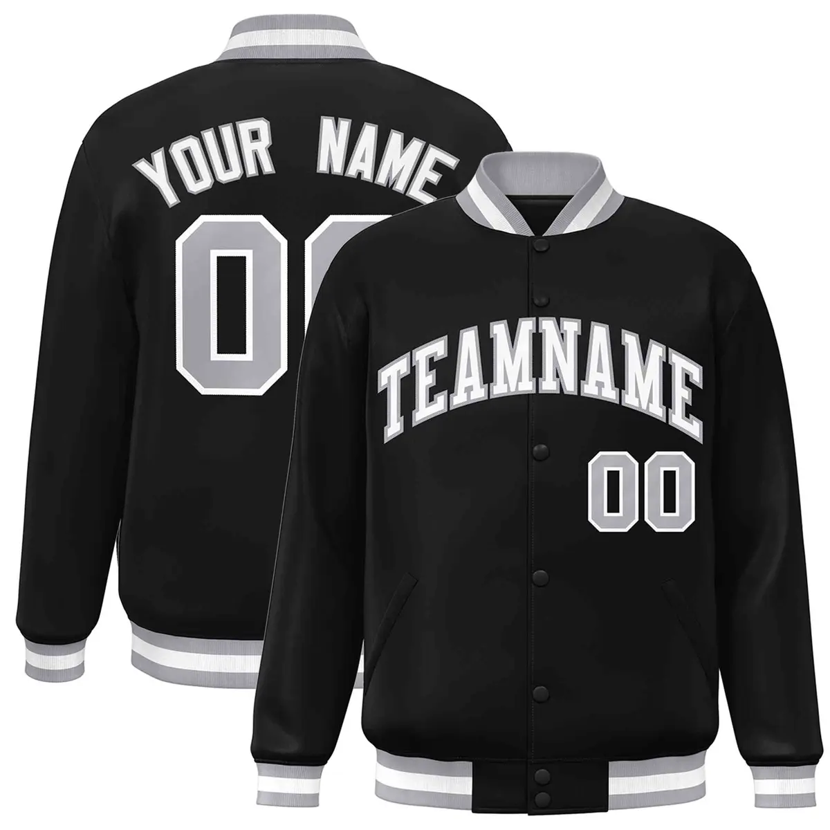 Black White Gray Classic Varsity Full-Snap Letterman Jacket