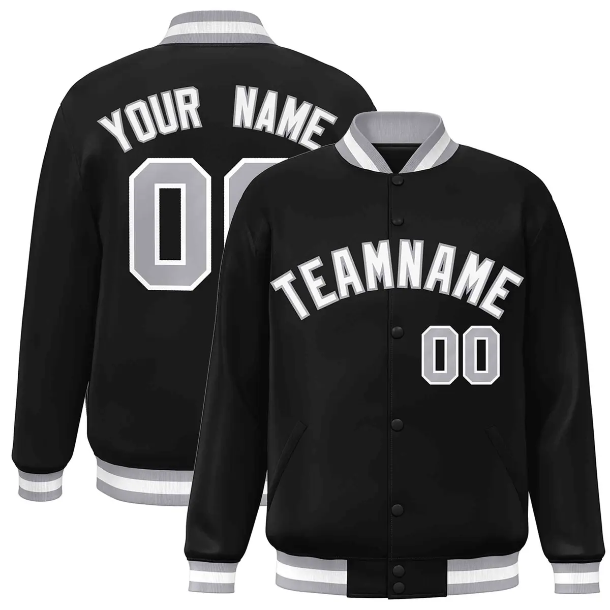 Black White Gray Classic Varsity Full-Snap Letterman Jacket