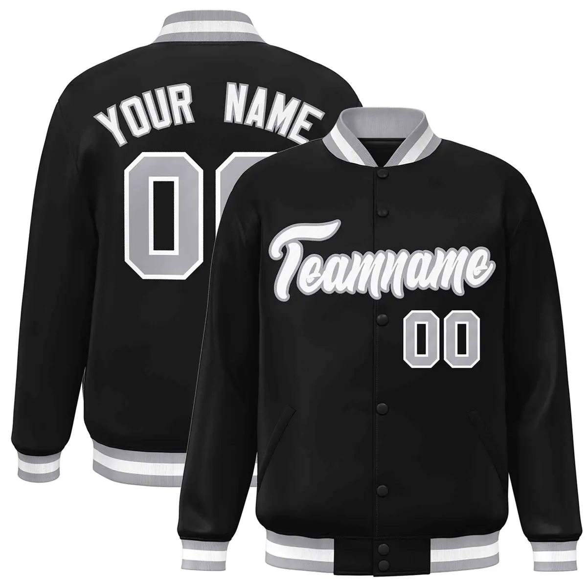 Black White Gray Classic Varsity Full-Snap Letterman Jacket