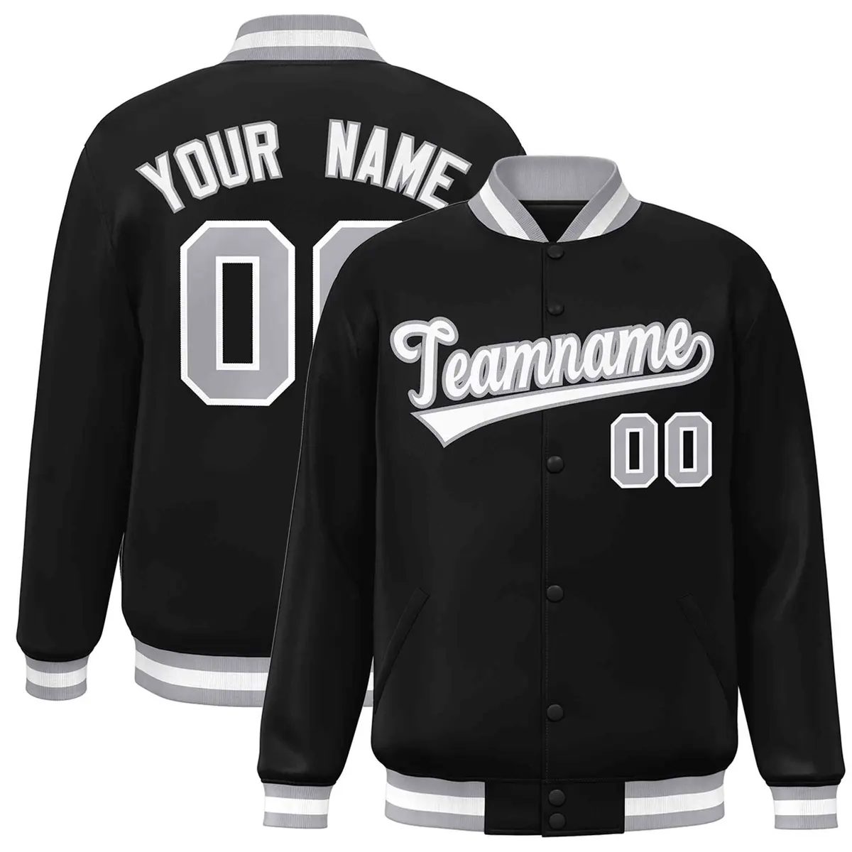 Black White Gray Classic Varsity Full-Snap Letterman Jacket