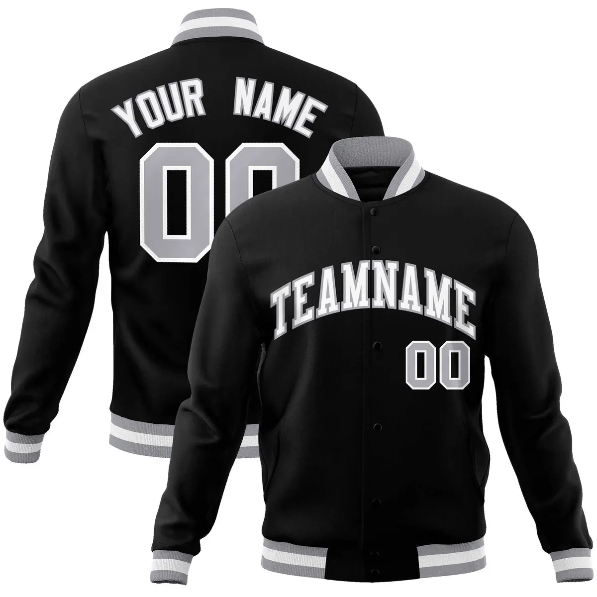 Black White Gray Classic Varsity Full-Snap Letterman Jacket