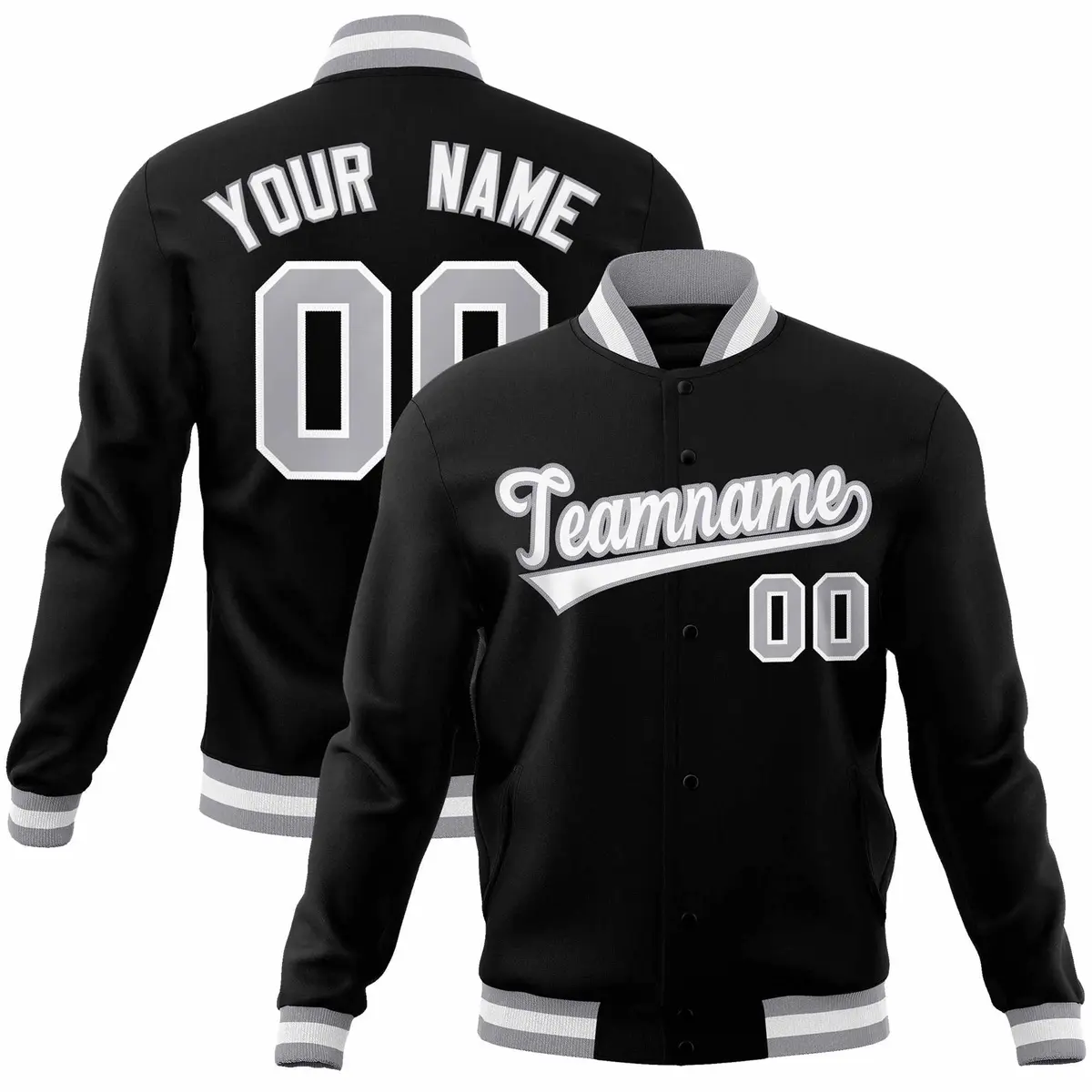 Black White Gray Classic Varsity Full-Snap Letterman Jacket