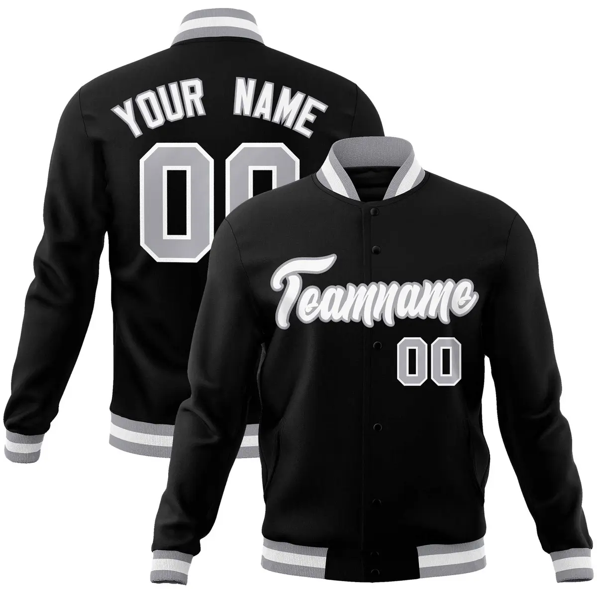 Black White Gray Classic Varsity Full-Snap Letterman Jacket