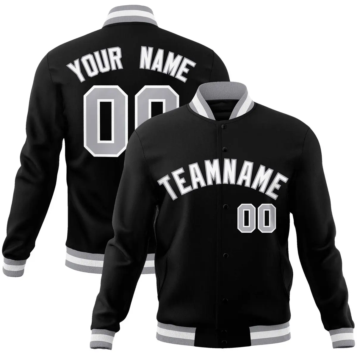 Black White Gray Classic Varsity Full-Snap Letterman Jacket