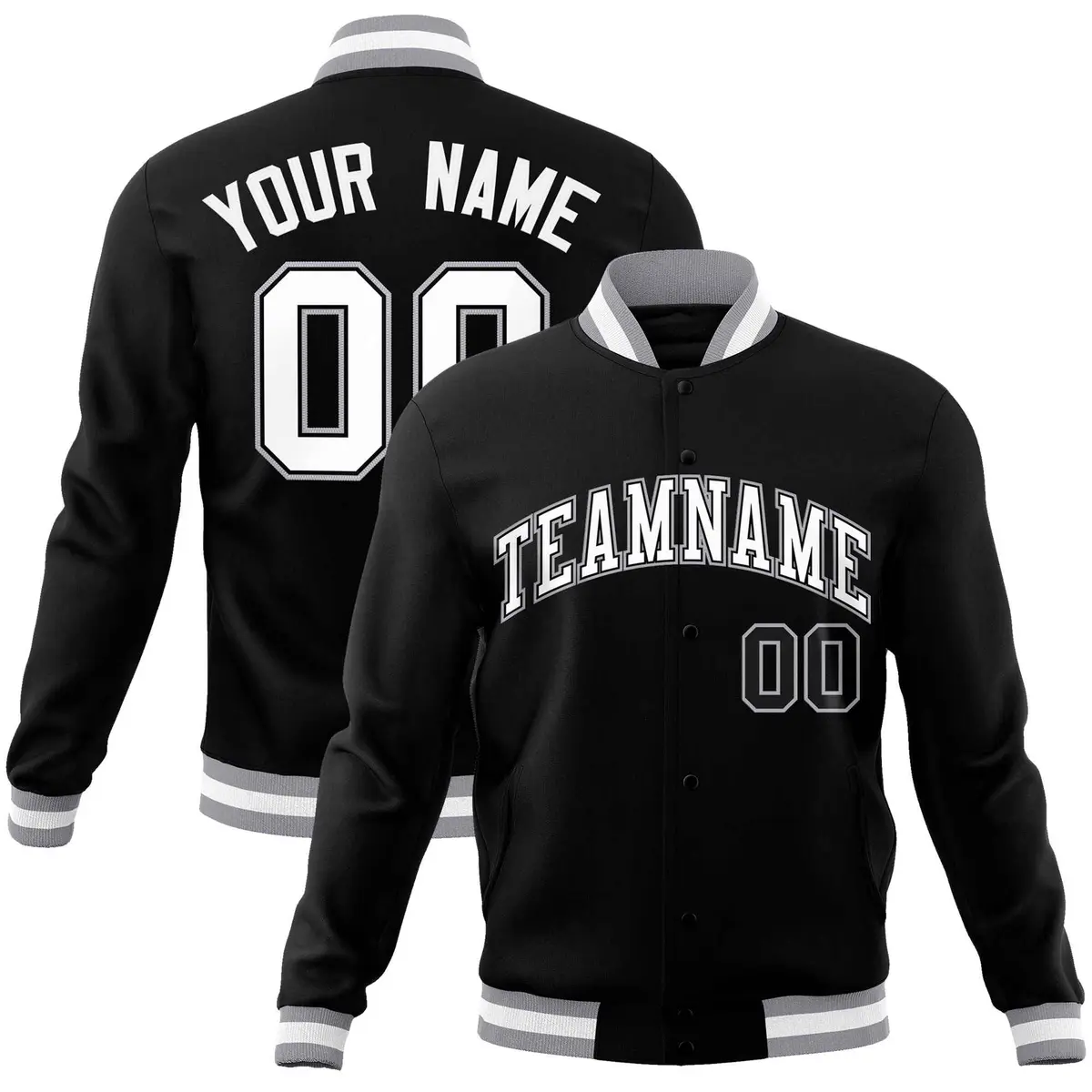 Black White Gray Classic Varsity Full-Snap Letterman Jacket