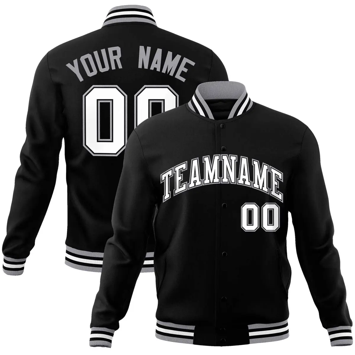 Black White Gray Classic Varsity Full-Snap Letterman Jacket