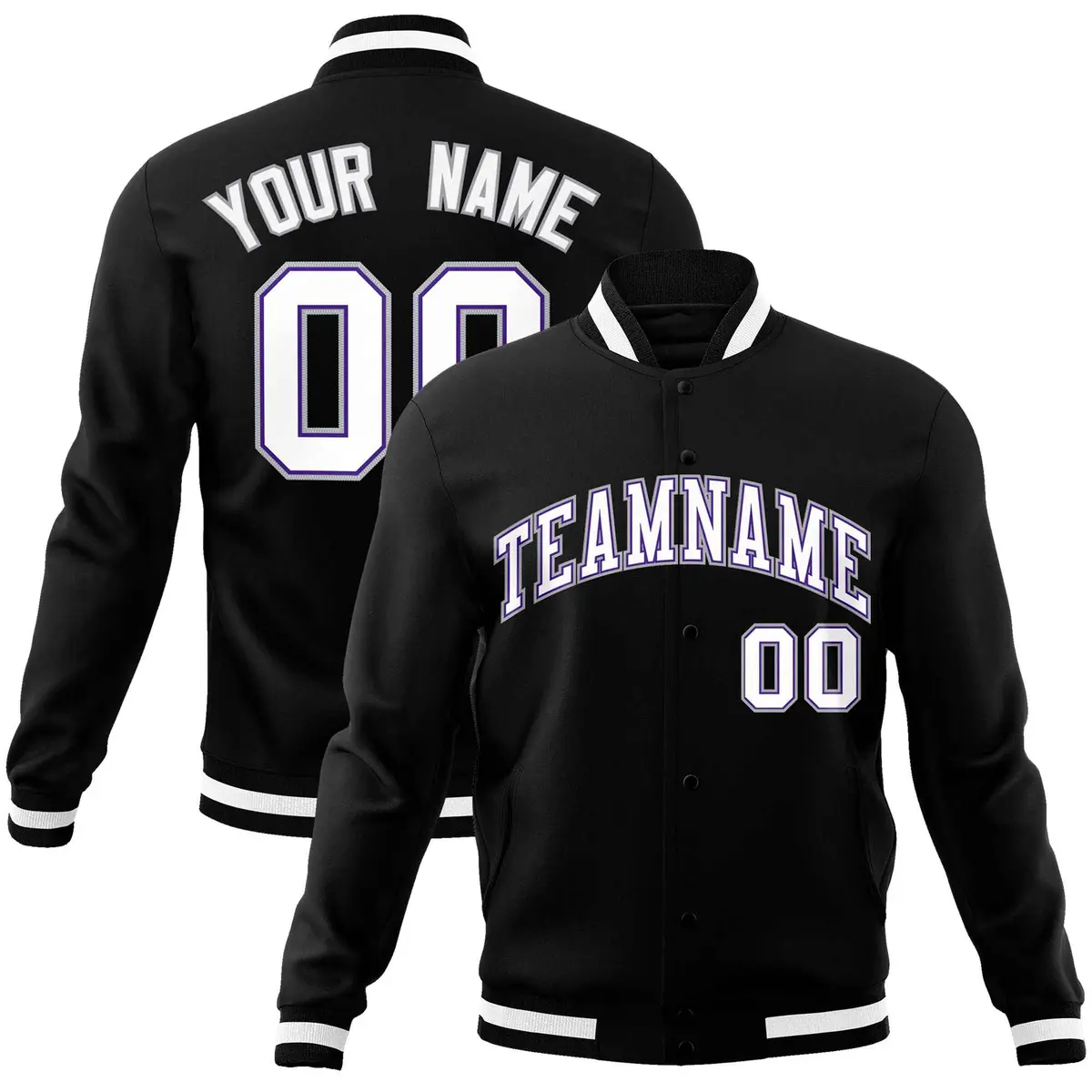 Black White Gray Classic Varsity Full-Snap Letterman Jacket