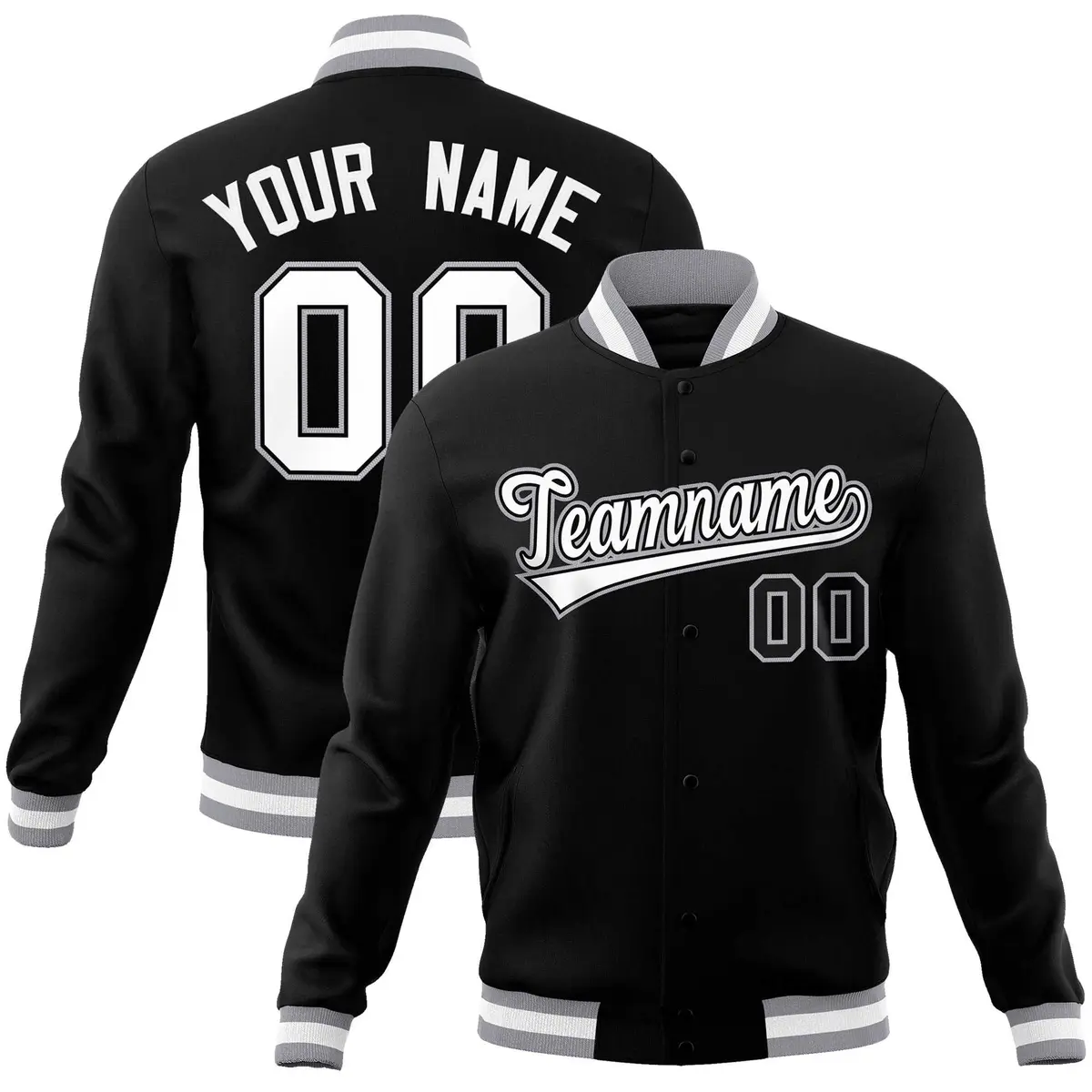 Black White Gray Classic Varsity Full-Snap Letterman Jacket