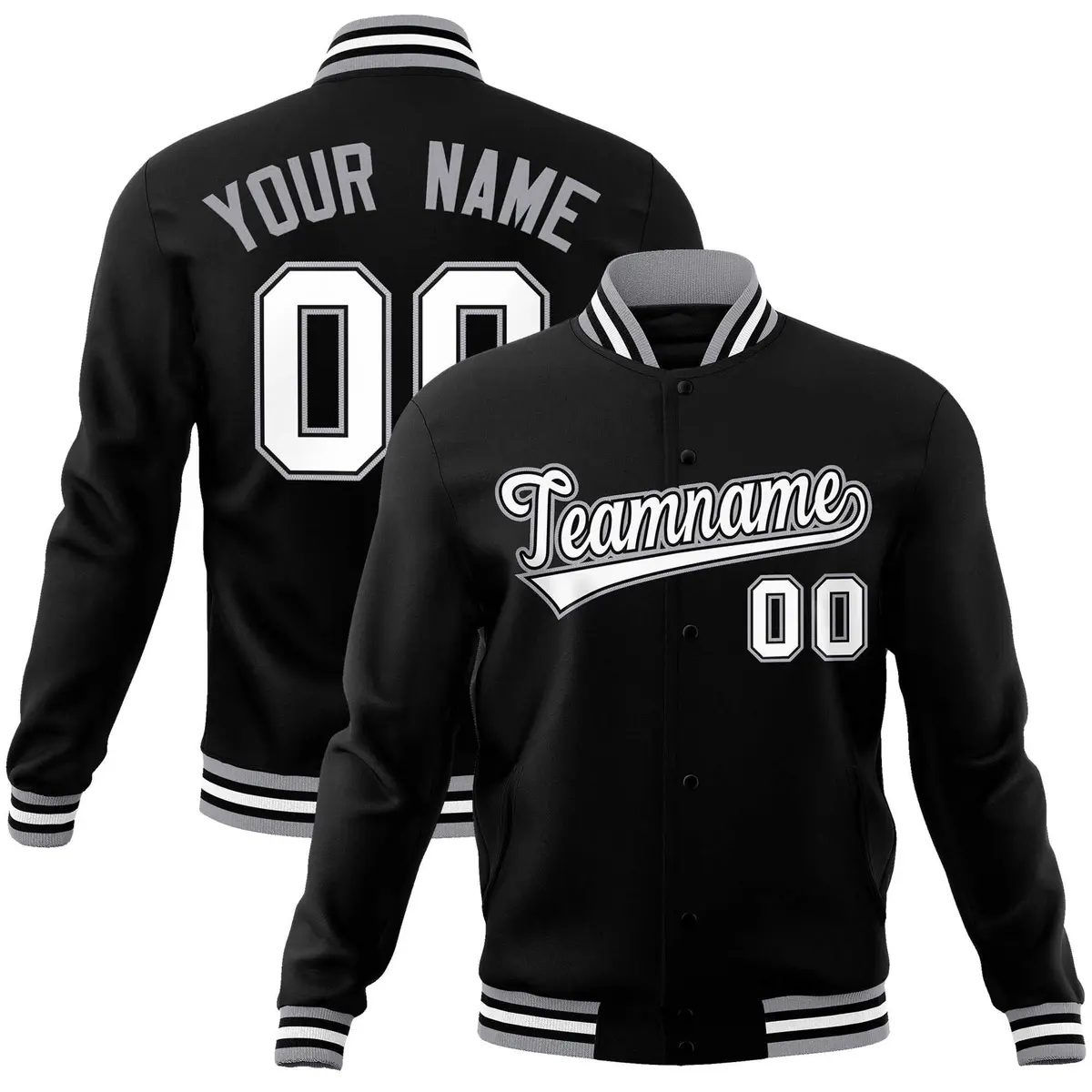Black White Gray Classic Varsity Full-Snap Letterman Jacket