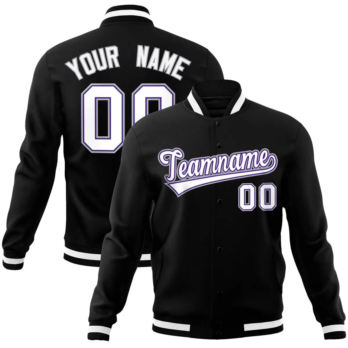 Black White Gray Classic Varsity Full-Snap Letterman Jacket
