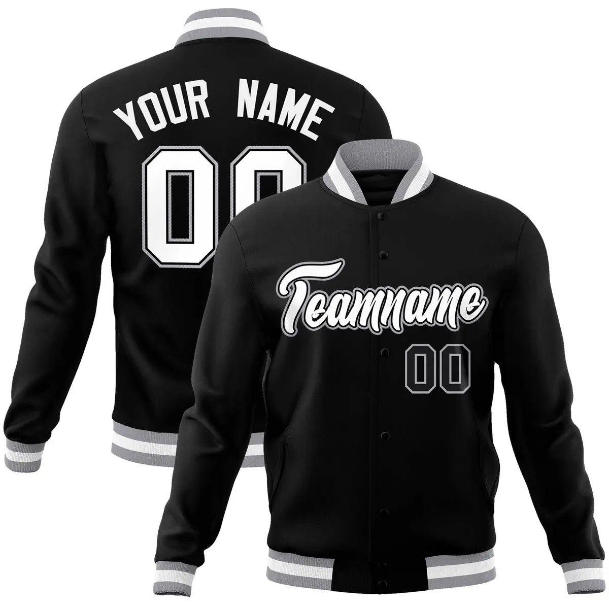 Black White Gray Classic Varsity Full-Snap Letterman Jacket