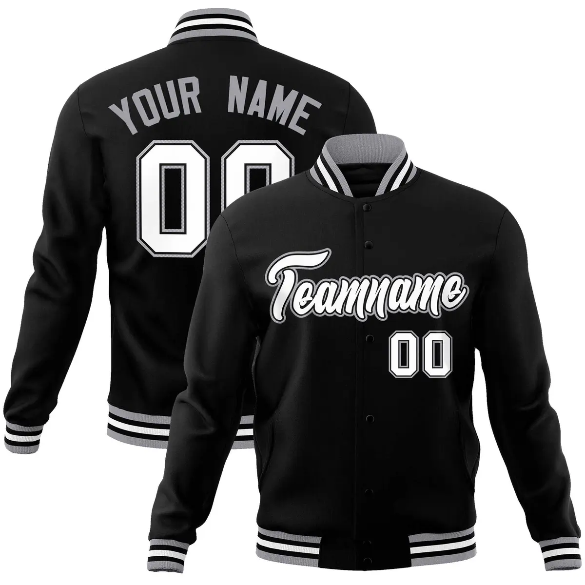 Black White Gray Classic Varsity Full-Snap Letterman Jacket