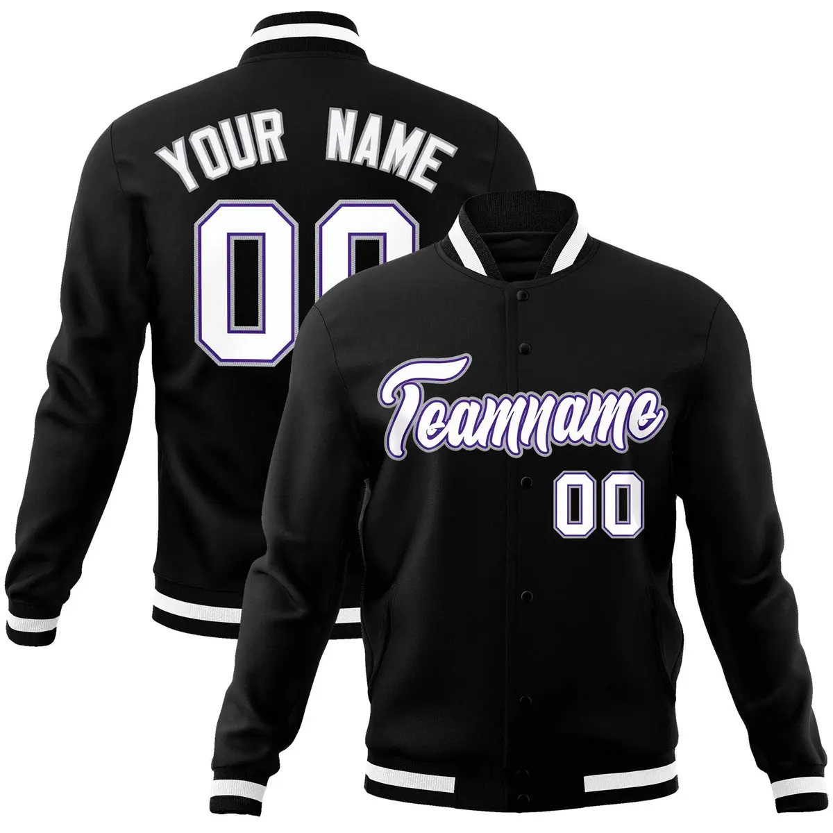 Black White Gray Classic Varsity Full-Snap Letterman Jacket