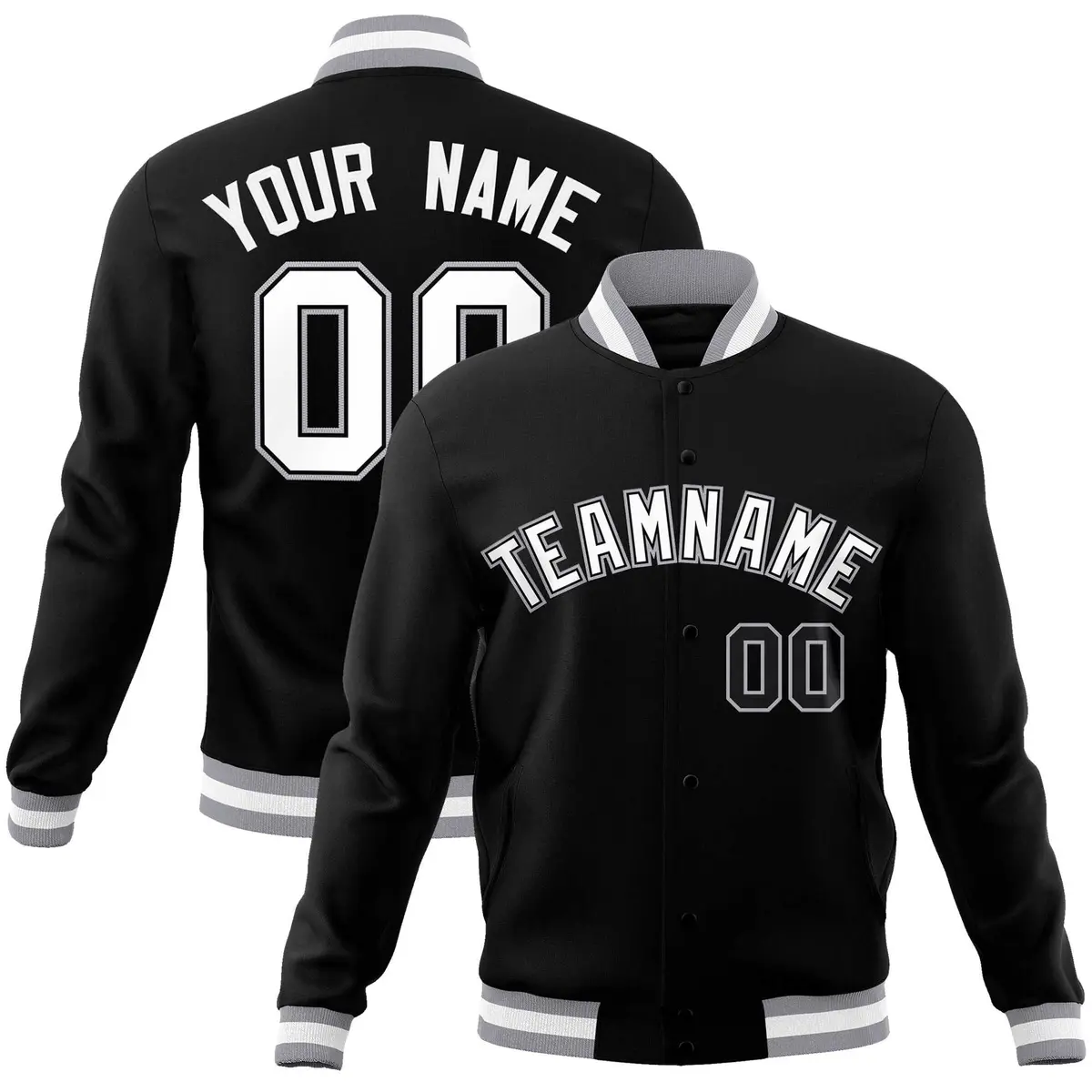 Black White Gray Classic Varsity Full-Snap Letterman Jacket