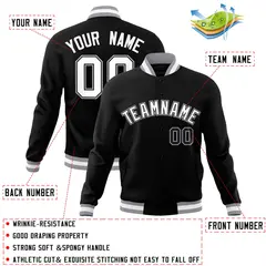 Black White Gray Classic Varsity Full-Snap Letterman Jacket 4