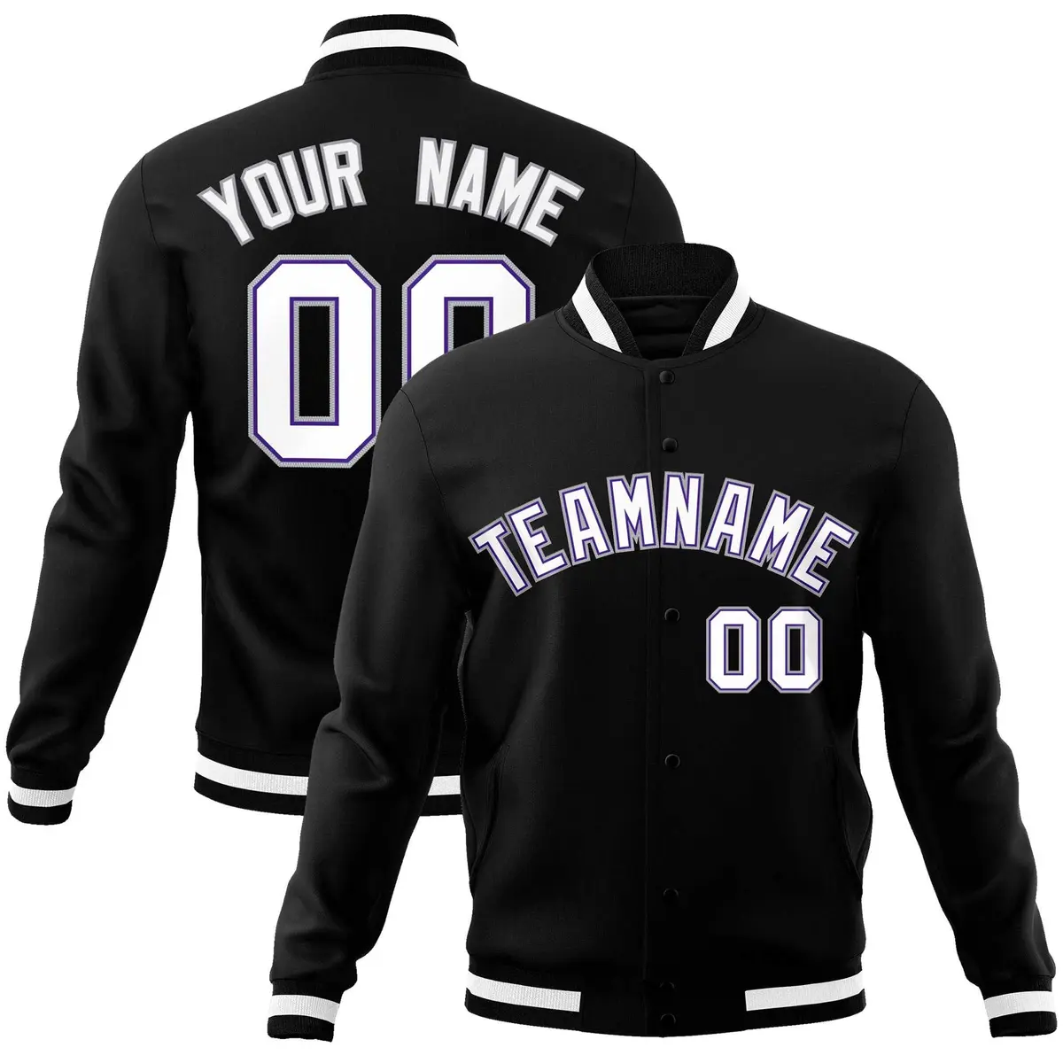Black White Gray Classic Varsity Full-Snap Letterman Jacket
