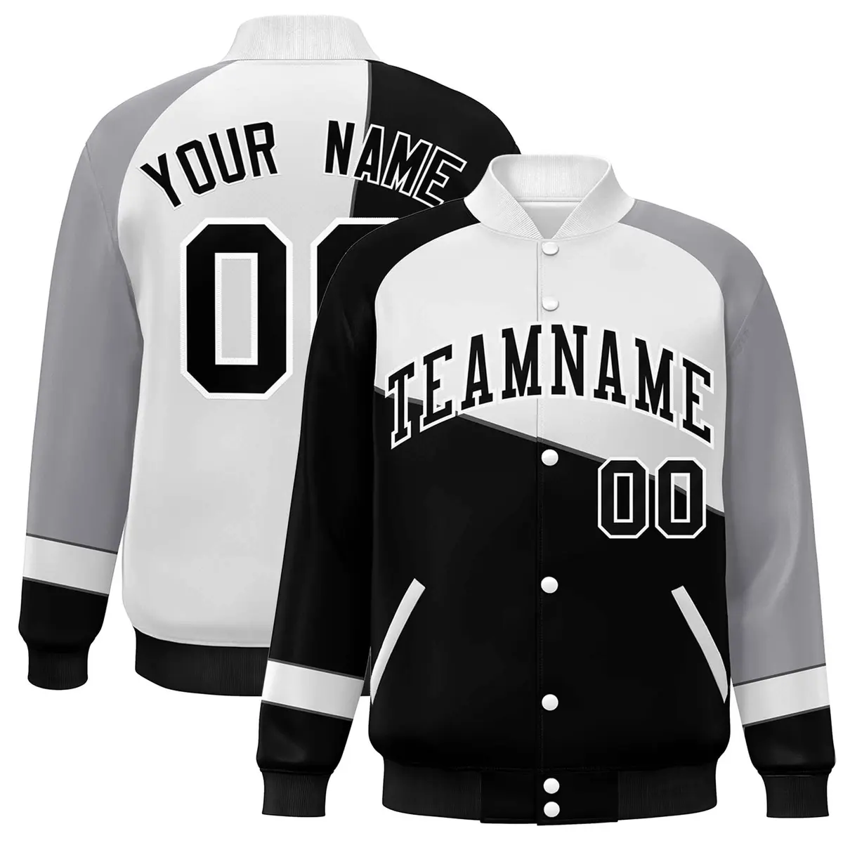 Black White-Gray Color Block Varsity Full-Snap Baseball Jacket