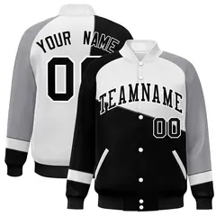 Black White-Gray Color Block Varsity Full-Snap Baseball Jacket