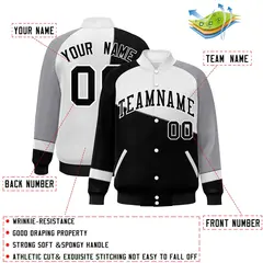 Black White-Gray Color Block Varsity Full-Snap Baseball Jacket 2