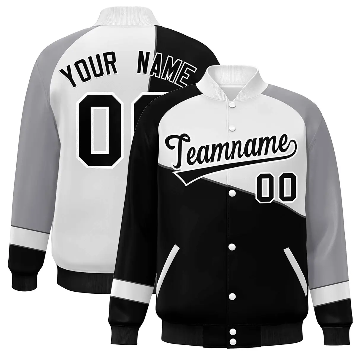 Black White-Gray Color Block Varsity Full-Snap Baseball Jacket