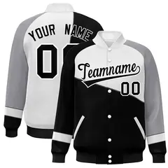 Black White-Gray Color Block Varsity Full-Snap Baseball Jacket