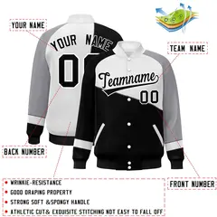 Black White-Gray Color Block Varsity Full-Snap Baseball Jacket 2