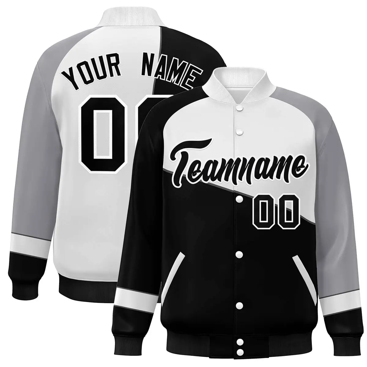 Black White-Gray Color Block Varsity Full-Snap Baseball Jacket