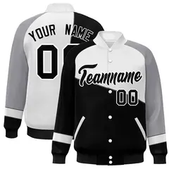 Black White-Gray Color Block Varsity Full-Snap Baseball Jacket